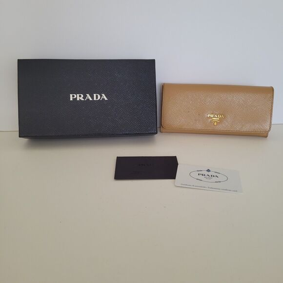 PRADA Saffiano Vernic Cammeo Tan Beige Leather Logo Wallet Envelope Large Clutch - Picture 1 of 15